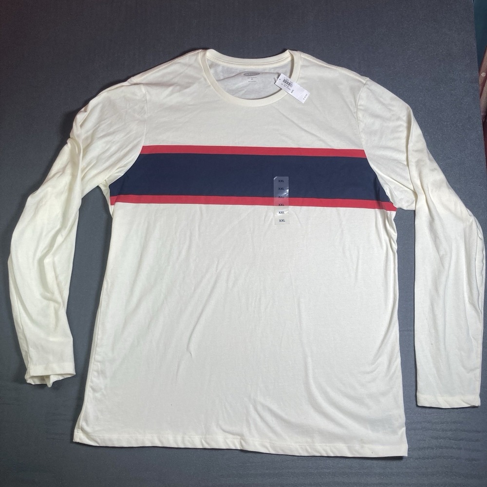 Old Navy Men's XXL Long Sleeve T-Shirt, Cream with Red & Navy Chest Stripes, NWT